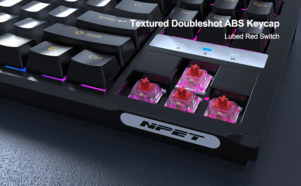 NPET 87 Keys RGB Mechanical Keyboard, Wired 20+ Backlit Modes, Ergonomic Hot Swappable Design, Suitable For Gaming And Office