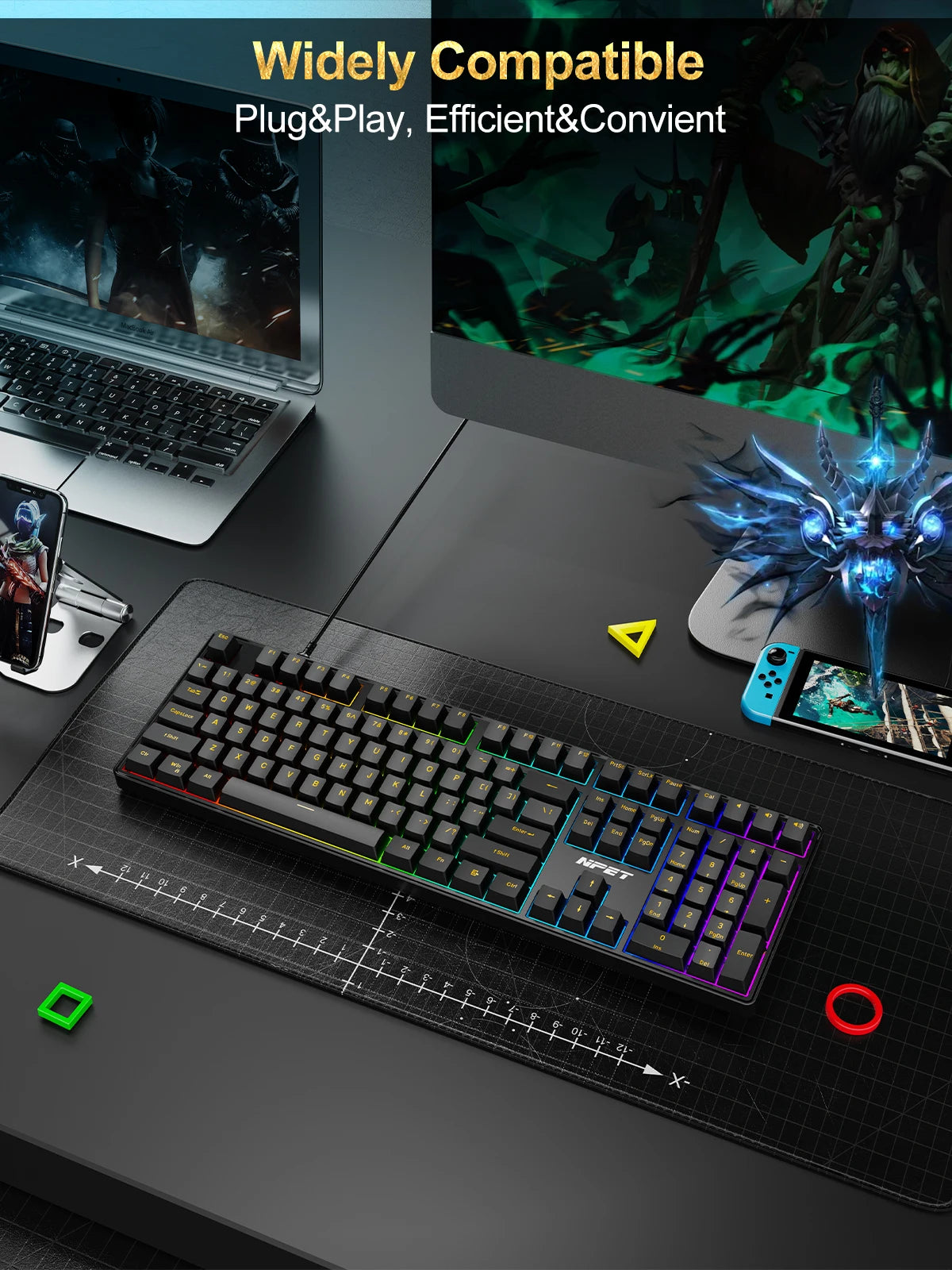 NPET 87 Keys RGB Mechanical Keyboard, Wired 20+ Backlit Modes, Ergonomic Hot Swappable Design, Suitable For Gaming And Office