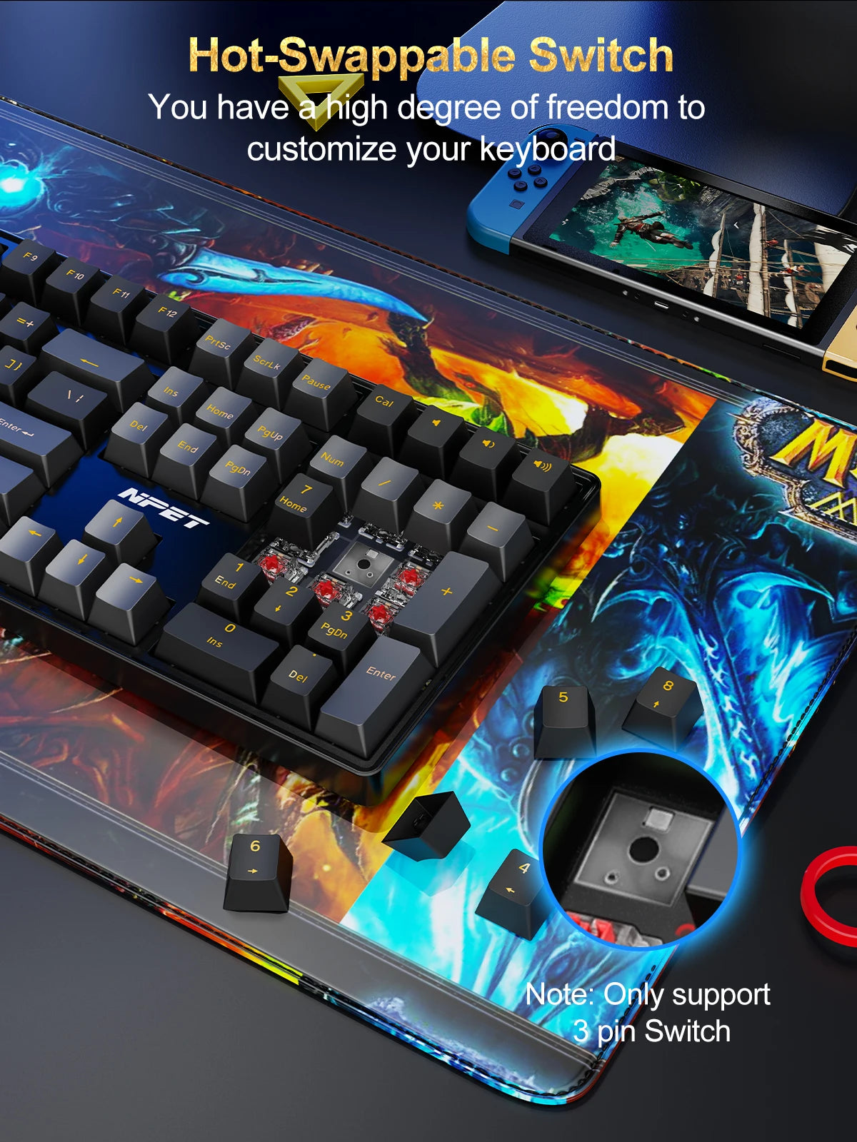NPET 87 Keys RGB Mechanical Keyboard, Wired 20+ Backlit Modes, Ergonomic Hot Swappable Design, Suitable For Gaming And Office